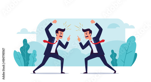 Two angry businessmen in suits are shouting and pointing fingers at each other, representing conflict, argument, and disagreement.