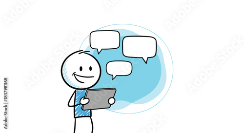 Smiling stick figure character holds a tablet and engages in online chat, with multiple empty speech bubbles appearing from the device.