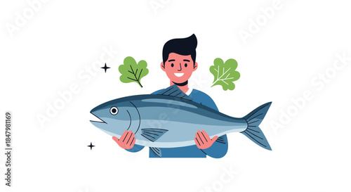 A smiling young man proudly holds a large fresh fish, surrounded by parsley leaves, promoting healthy eating and fresh seafood.