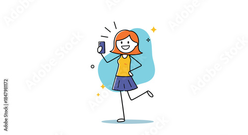 Happy stick figure woman with orange hair and a cute outfit poses confidently for a selfie with her smartphone, smiling brightly.