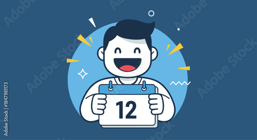 Extremely happy cartoon character with a wide smile holds up a calendar page showing the number twelve, circled in blue.