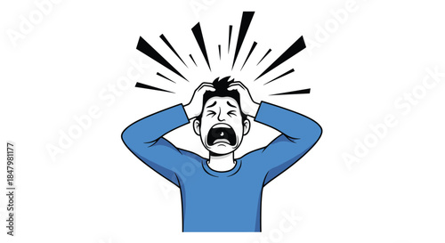 Stressed man in a blue shirt screams in despair, clutching his head in his hands as black lines radiate out, showing panic.