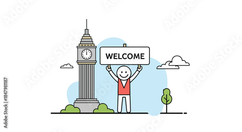 A friendly stick figure tour guide holds up a 'Welcome' sign in front of the Big Ben clock tower in London, England.