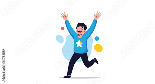An ecstatic young man wearing a blue sweater with a star on it is running and jumping for joy with his arms raised high.