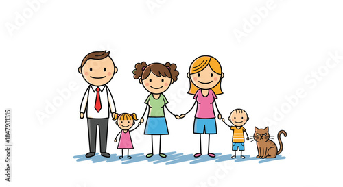 A happy and smiling family of five, including a mother, father, three children, and their grumpy cat, stand together holding hands.