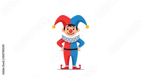A cheerful cartoon court jester character in a colorful red and blue costume and hat stands with hands on his hips, smiling.