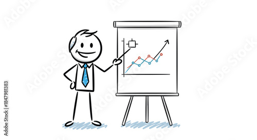 A smiling stick figure businessman in a tie gives a presentation, pointing to a flip chart with a rising stock market graph.