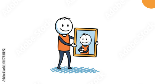 A happy stick figure character wearing an orange shirt is holding up a framed picture that shows a mirror image of himself.