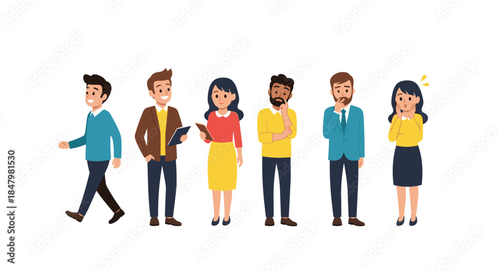 Obraz premium Set of diverse cartoon characters in various poses and expressing different emotions, from happy and walking to thinking and surprised.
