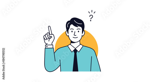 Young businessman pointing his finger up as a question mark transforms into a spark of insight, symbolizing a moment of discovery or idea.