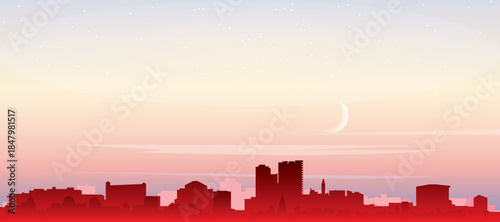 Red panoramic poster of the city skyline with misty background buildings, sunrise, moon and clouds of MALAGA, SPAIN