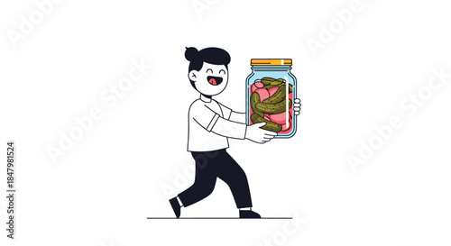 Happy young man character walking and carrying a large glass jar full of homemade pickles, smiling with pleasure and satisfaction.