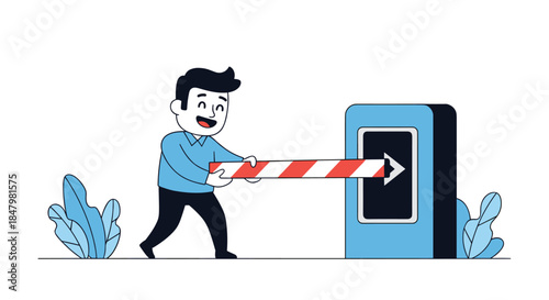 Happy man smiling as he lifts a red and white striped barrier gate, symbolizing access, new opportunities, or solving a problem.