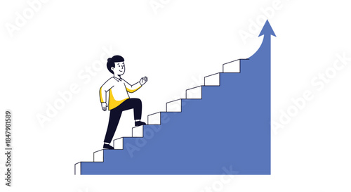Young man confidently walking up a flight of stairs that form an upward-pointing arrow, symbolizing career progress and personal growth.