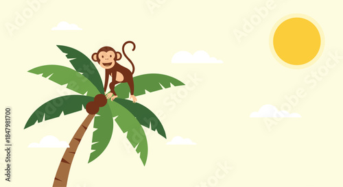 Happy cartoon monkey sitting on top of a coconut palm tree on a sunny day, representing a tropical vacation or jungle life.
