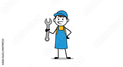 Friendly stick figure mechanic or plumber in a blue uniform and cap, smiling confidently while holding a large metal wrench.