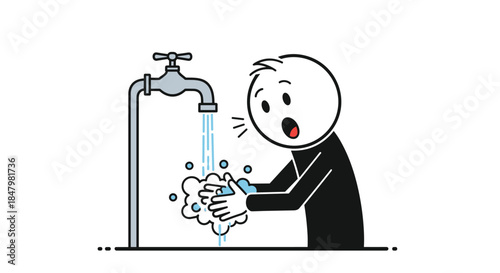 Simple stick figure character looking surprised while washing hands with soap and water from a tap to maintain hygiene and prevent germs.