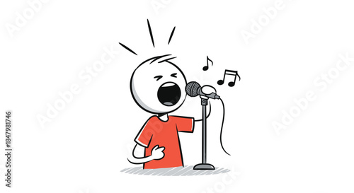 Energetic stick figure character singing loudly into a microphone on a stand, with musical notes floating around in the air.