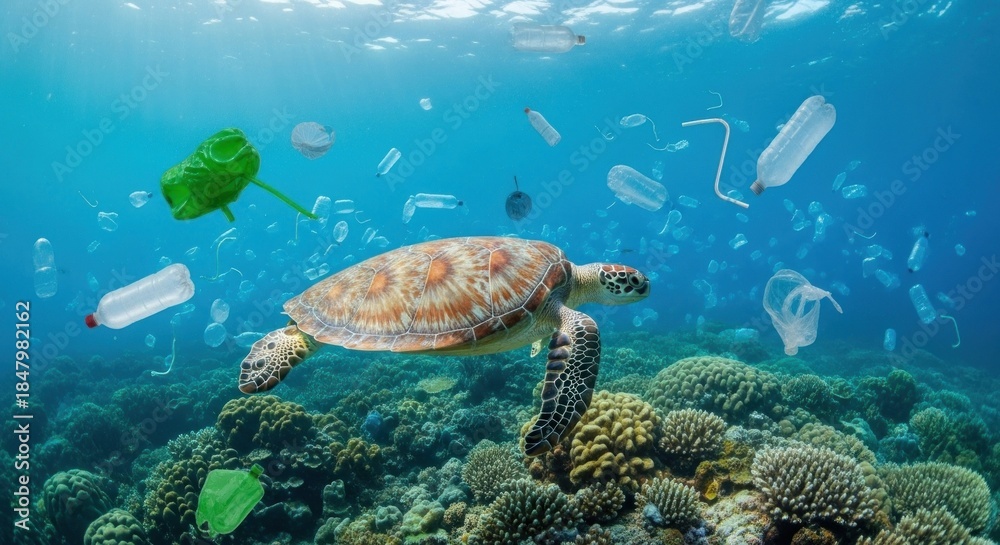 Fototapeta premium A sea turtle swimming in the ocean with plastic debris.