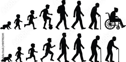 Human life cycle silhouette illustration showing growth aging stages from baby childhood adulthood senior disability wheelchair concept timeline evolution