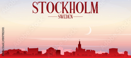 Red panoramic poster of the city skyline with misty background buildings, sunrise, moon and clouds of STOCKHOLM, SWEDEN
