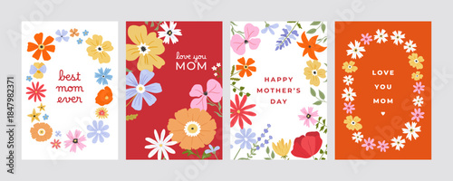 Mothers day greeting card. Postcard for mom, mama greeting with love message, family gratitude design. Floral bouquet, botanical frame for holiday celebration and gift. Print template vector set