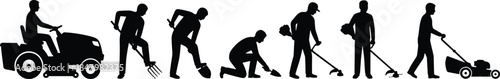 Landscaping worker silhouettes set showing lawn mowing, gardening, digging, planting, and outdoor maintenance tasks for agriculture and yard care