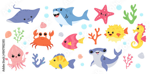 Cute underwater animals. Cartoon ocean, sea wildlife for marine set. Shark and octopus, crab and fish. Kawaii coral reef floating creatures and smiling tropical character. Aquatic vector clipart