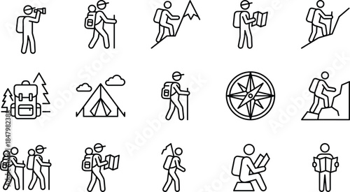 Line hiking and trekking icon set with backpackers, camping, navigation, and outdoor adventure activities isolated on white background