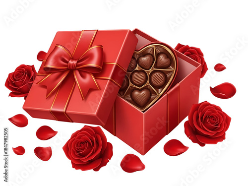 Red gift box with chocolates and roses isolated on transparent background isolated on transparent background