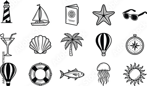 Summer travel and beach icon set with nautical, vacation, and tropical symbols isolated on white background for design use