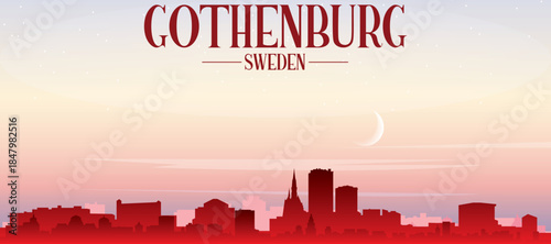 Red panoramic poster of the city skyline with misty background buildings, sunrise, moon and clouds of GOTHENBURG, SWEDEN