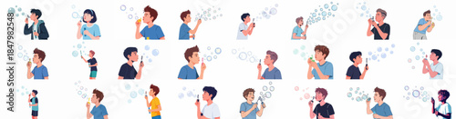 A large collection of vector illustrations showing diverse young people and teenagers happily blowing colorful soap bubbles, symbolizing joy and carefree fun.