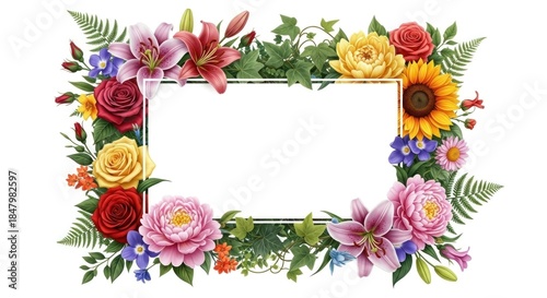 A colorful floral frame with lilies, roses, sunflowers, and other flowers
