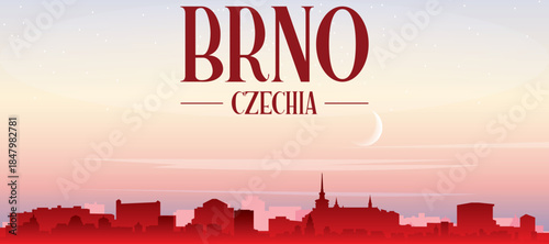 Red panoramic poster of the city skyline with misty background buildings, sunrise, moon and clouds of BRNO, CZECH REPUBLIC