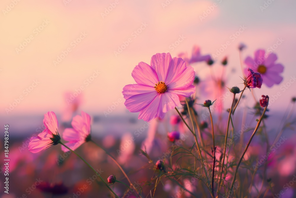 Fototapeta premium Vibrant Spring Orange: Blooming Cosmos Flowers in a Sunset Field with Nature's Touch