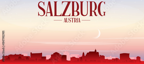 Red panoramic poster of the city skyline with misty background buildings, sunrise, moon and clouds of SALZBURG, AUSTRIA