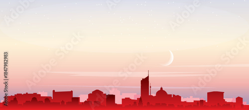 Red panoramic poster of the city skyline with misty background buildings, sunrise, moon and clouds of VIENNA, AUSTRIA