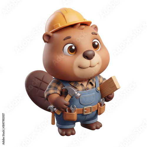 Cute Cartoon Beaver Builder with Hard Hat and Tools.