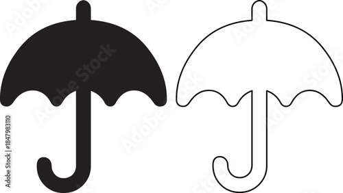 Set of umbrella icons in silhouette and line art style for weather forecasting and protection concepts vector illustration