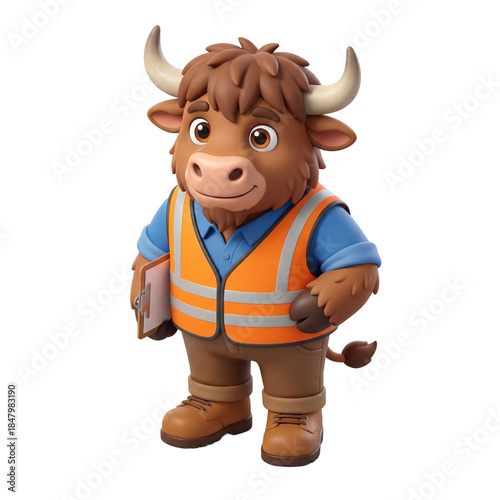 Cute cartoon bull character in construction worker attire.