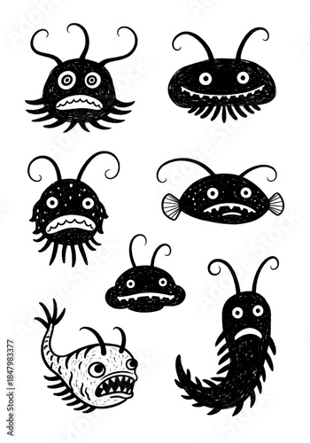 Distressed black and white doodles featuring a variety of spooky cartoon microbes, goofy sea monsters, and creepy alien bugs in a spooky hand-drawn style