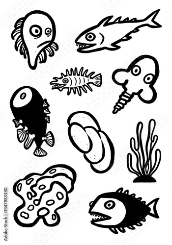 Black and white brushstroke set of weird ocean creatures, featuring cartoonish monsters, spooky fish, aquatic plants, and abstract underwater shapes