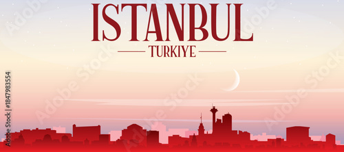 Red panoramic poster of the city skyline with misty background buildings, sunrise, moon and clouds of ISTANBUL, TURKEY