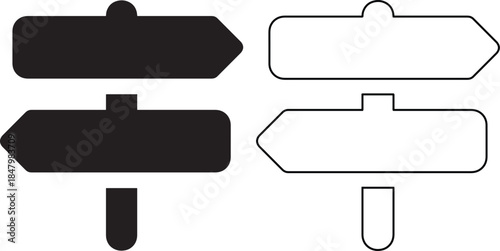 Directional signpost icons in black and white styles for navigation wayfinding and decision making graphic concepts