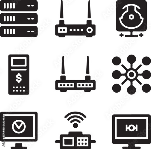 Wifi router, server rack, network hub, internet connection, hardware device, wireless signal, computer data, hard drive, system tech, lan switch