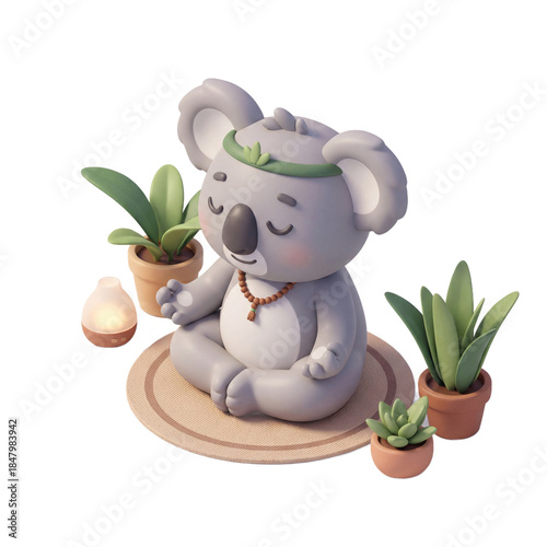 Cute Koala Meditating with Plants and Diffuser in a Serene Setting.