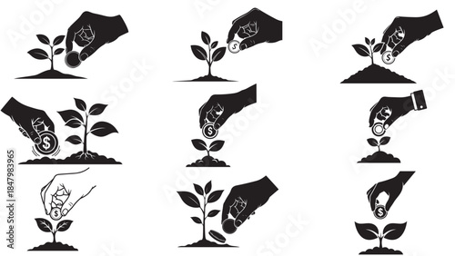 Hand Placing Coin into Growing Plant Investment Emblem for Sustainable Seed Funding and Green Returns