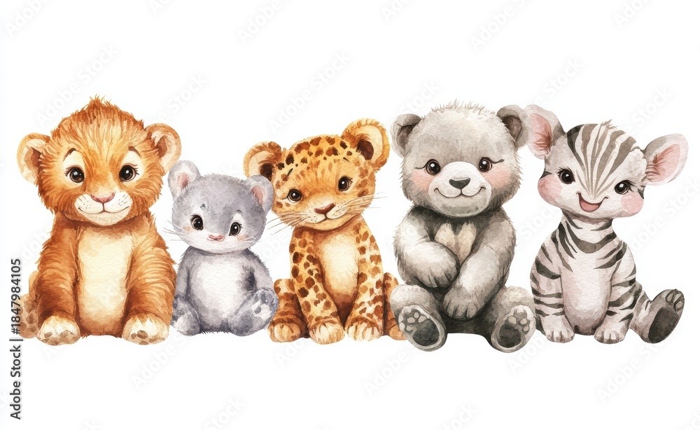 Obraz premium Cute Baby Animal Faces Watercolor Illustration Set
