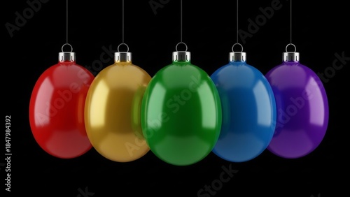 Five Colorful Christmas Ornaments Hanging on Black Background baubles decorations